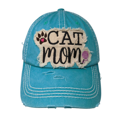 Cat Mom Strapback Hat Blue OS Adjustable Embroidered Distressed KB ETHOS Vintage