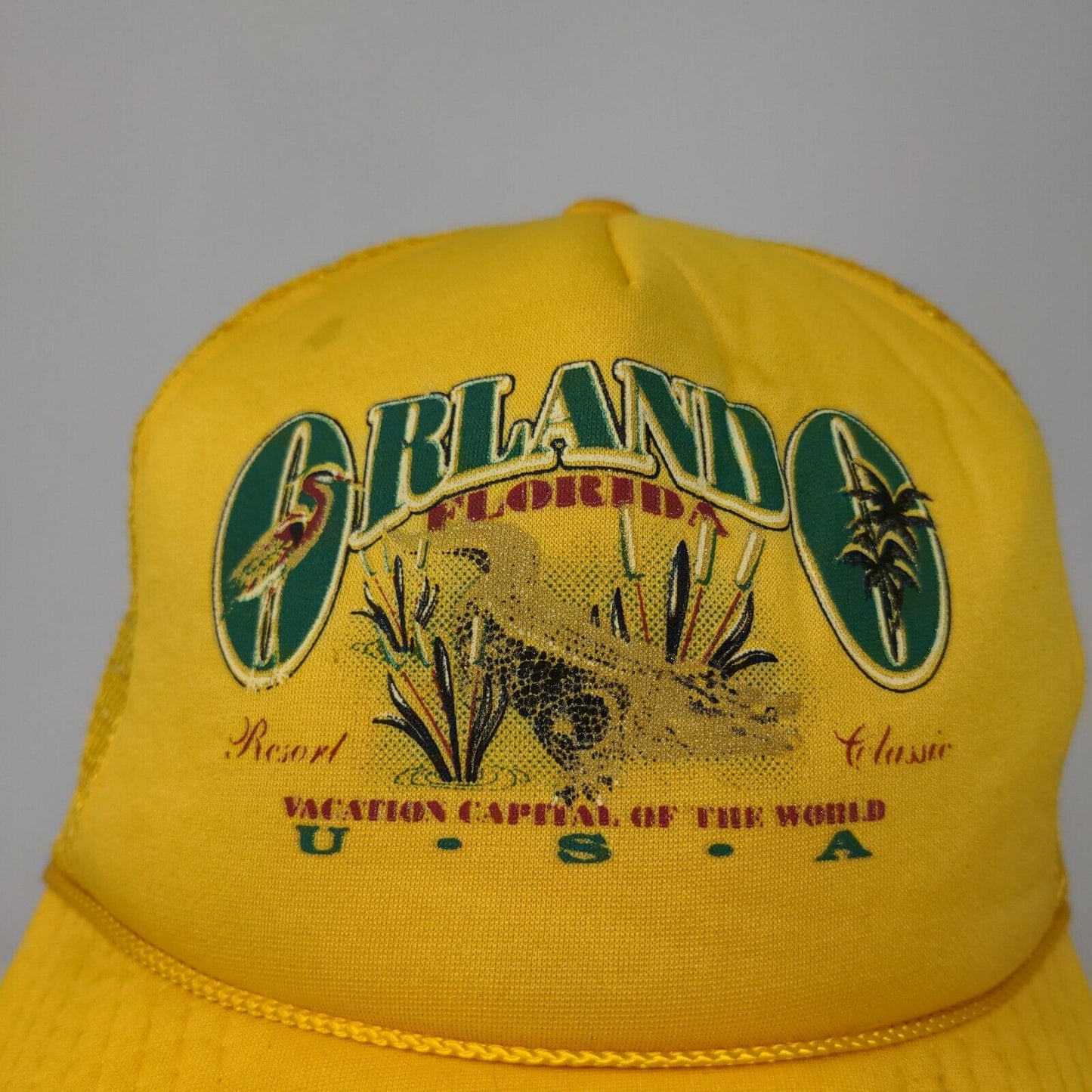 Orlando Florida Men's Snapback Mesh Back Trucker Hat Yellow Adjustable Vintage