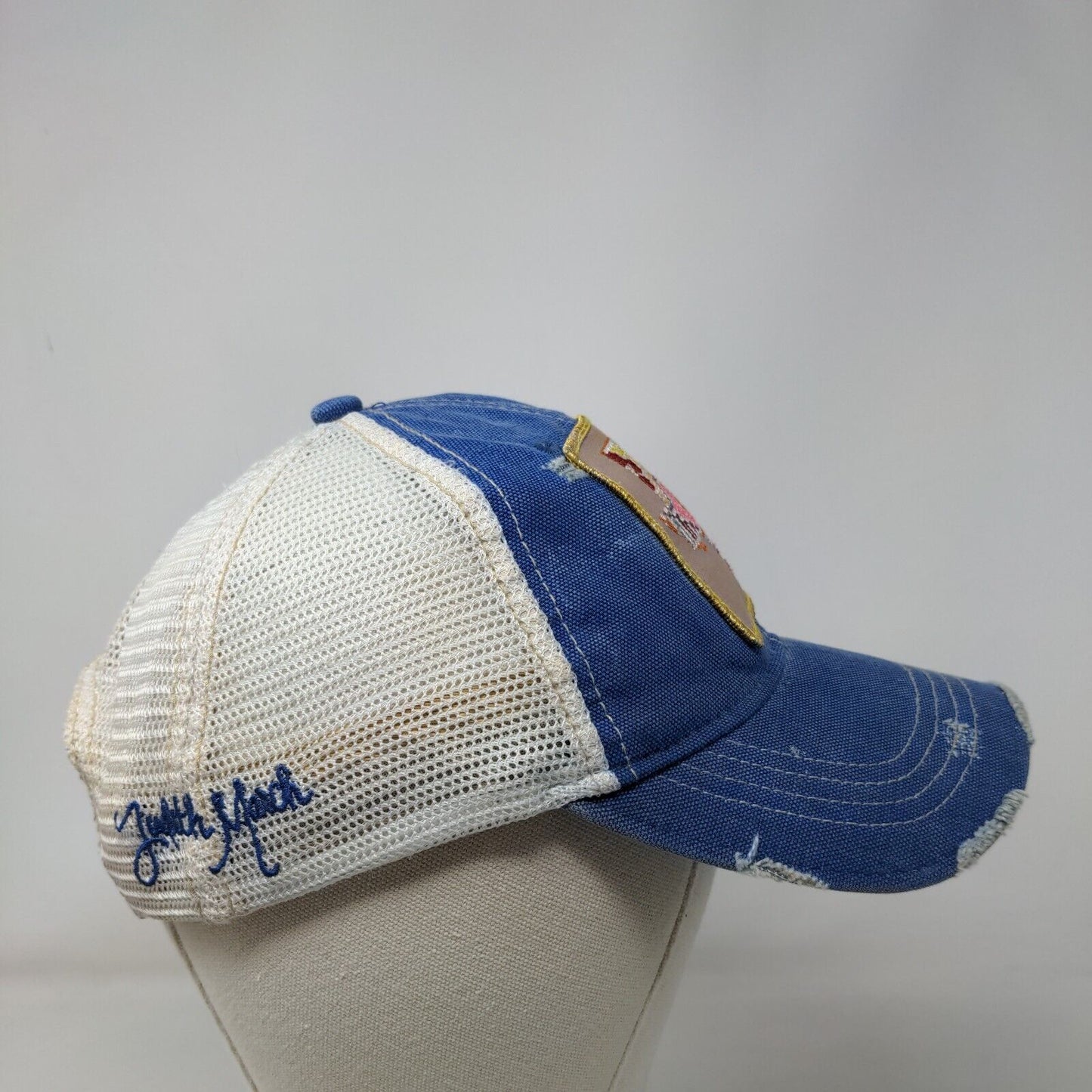 Judith March Patchwork Texas Trucker Hat Blue One Size Distressed Mesh Back