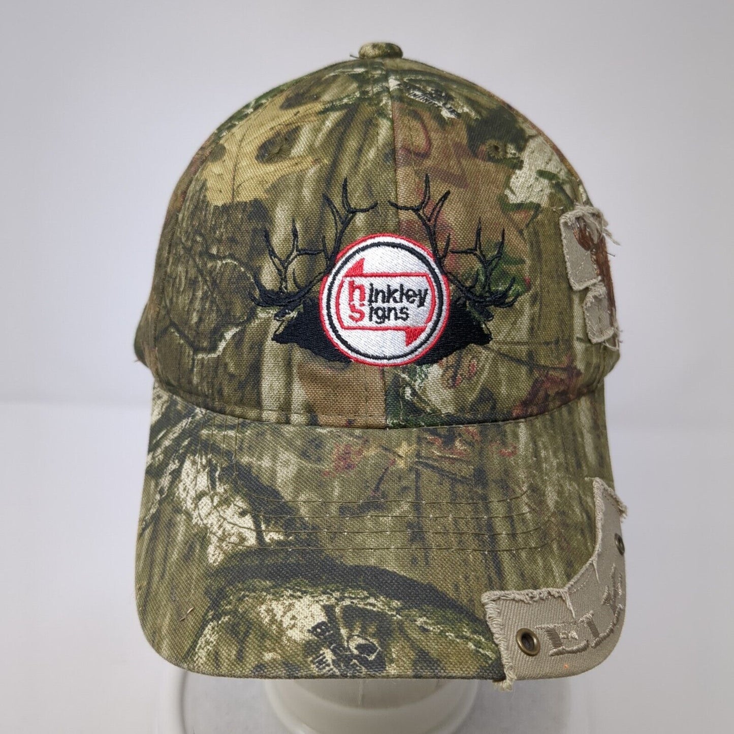 Hinkley Signs Elk Strapback Hat Camouflage OS Adjustable Distressed Outdoor Cap