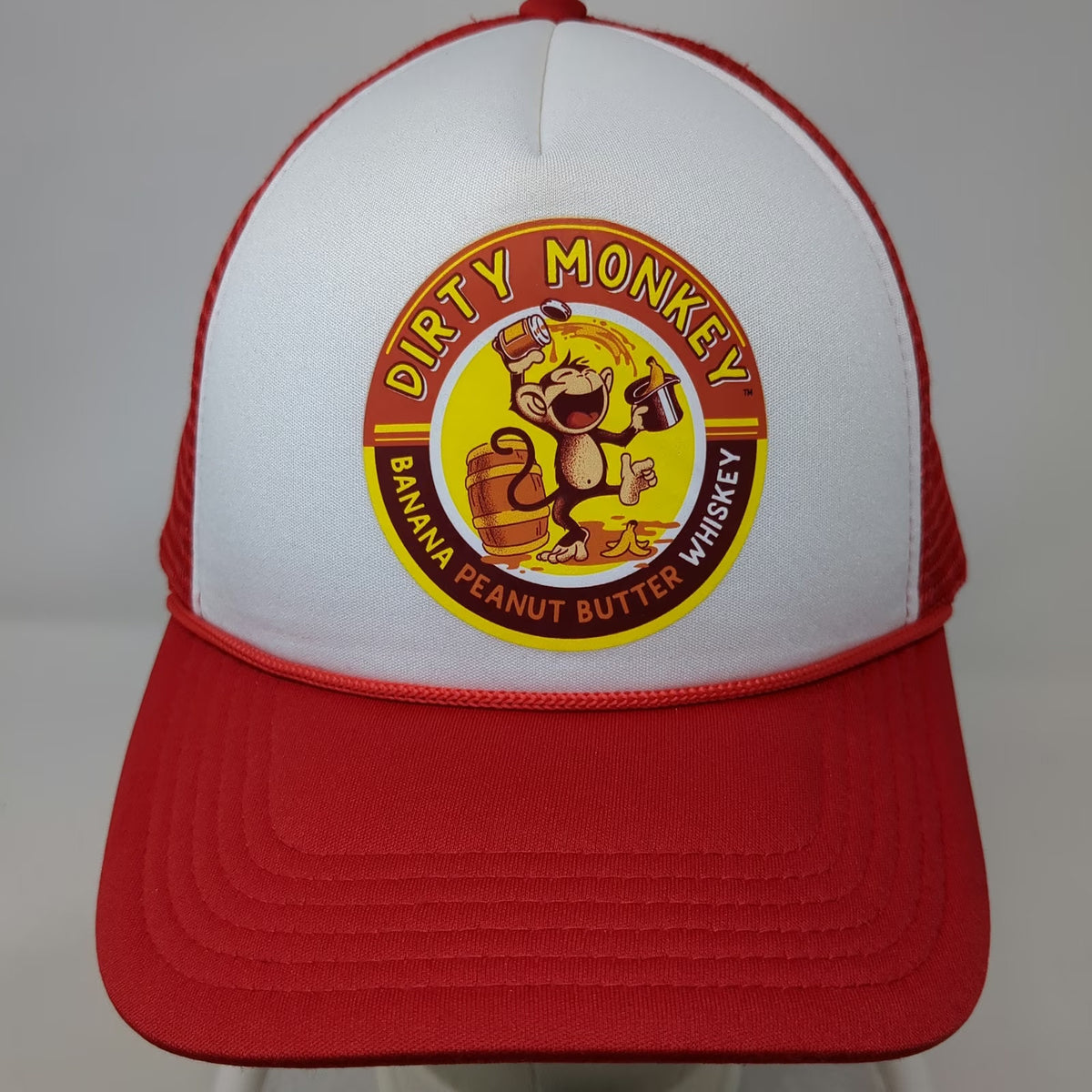 Hit Trucker Hat Red White One Size Dirty Monkey Banana Peanut Butter Whiskey