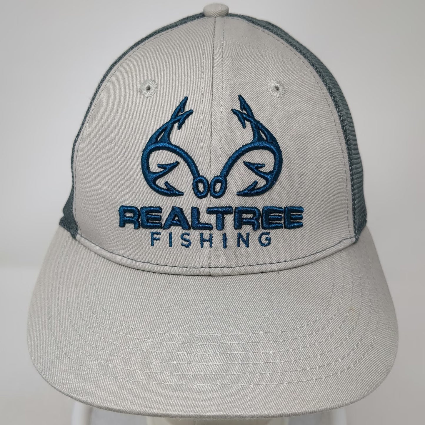 Realtree Baseball Cap Gray Blue M Fishing Hook Logo Mesh Back Stretch Fitted Hat