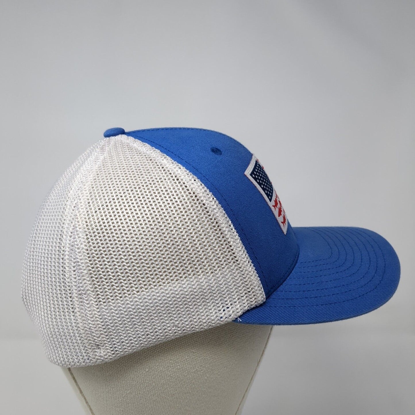 Columbia PFG Fitted Mesh Back Trucker Hat Blue S/M USA Fish Flag Patch