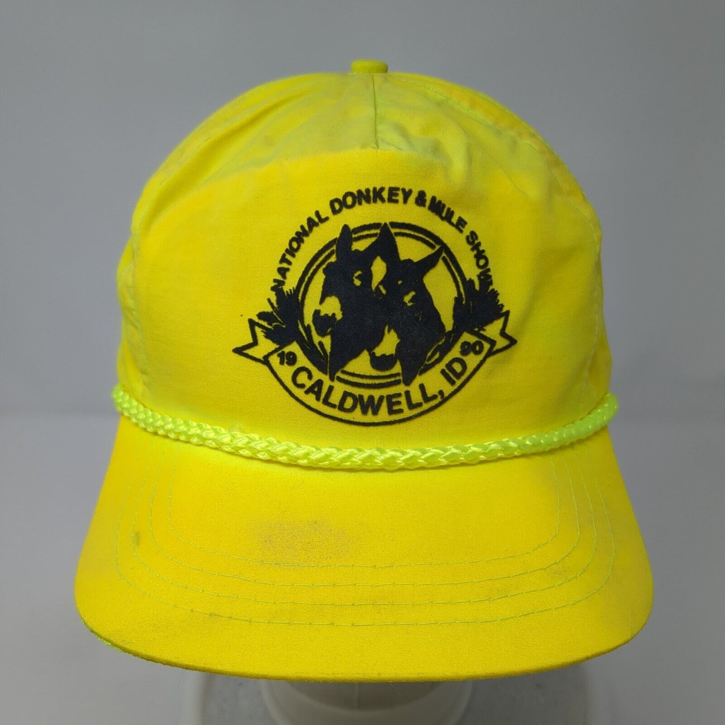 National Donkey & Mule Show Caldwell ID 1990 Slideback Hat Yellow One Size Rope
