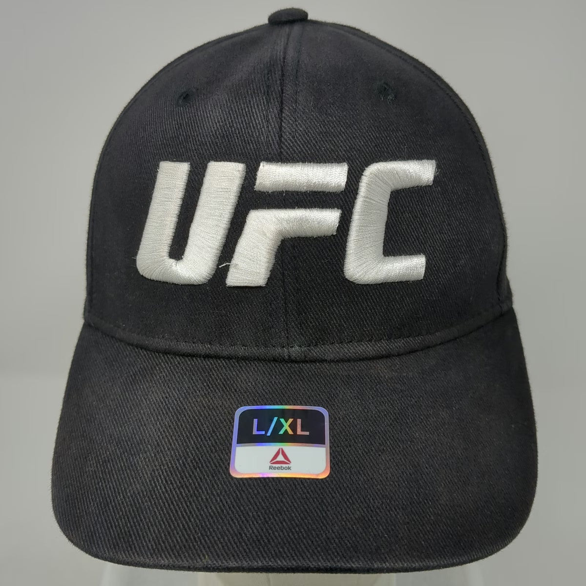 Reebok Baseball Cap Black XL UFC Logo Embroidered Stretch Fit Curved Brim Hat