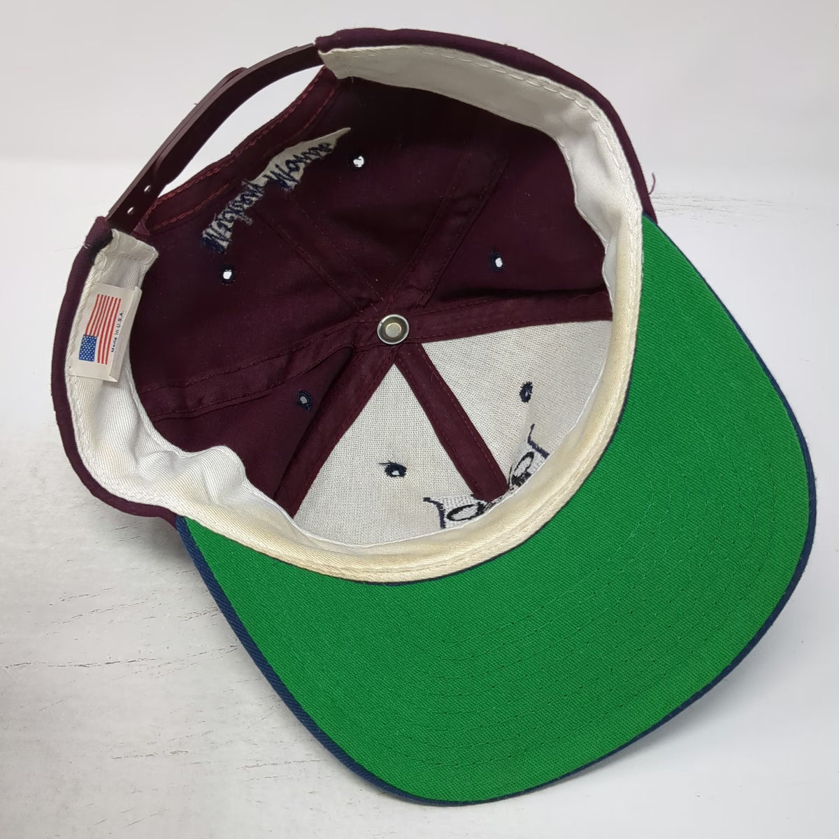 Disney Snapback Red Blue Mickey Mouse Hat Made in USA Green Underbrim Vintage