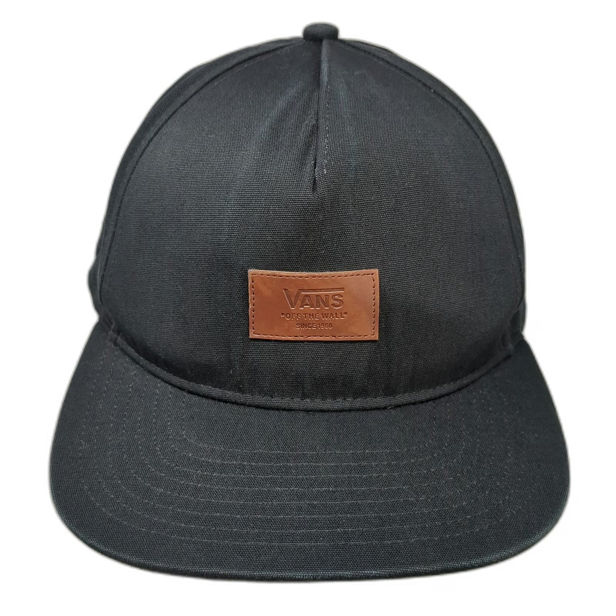 Vans 5 Panel Black One Size Snapback Brown Faux Leather Patch Flat Brim Hat