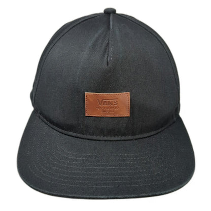 Vans 5 Panel Black One Size Snapback Brown Faux Leather Patch Flat Brim Hat