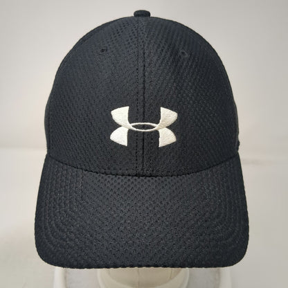 Under Armour Baseball Cap Black L Mesh Fitted Hat White Embroidered Logo Stretch