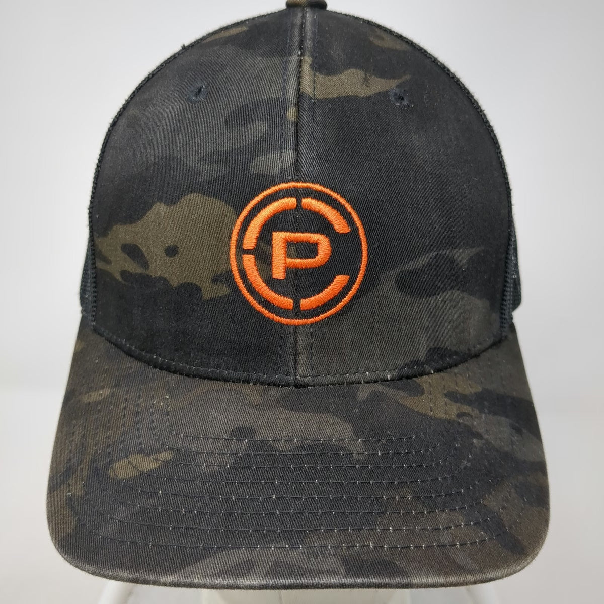 Yupoong Trucker Hat Black One Size Snapback Camo Orange Logo P Mesh Back Hat