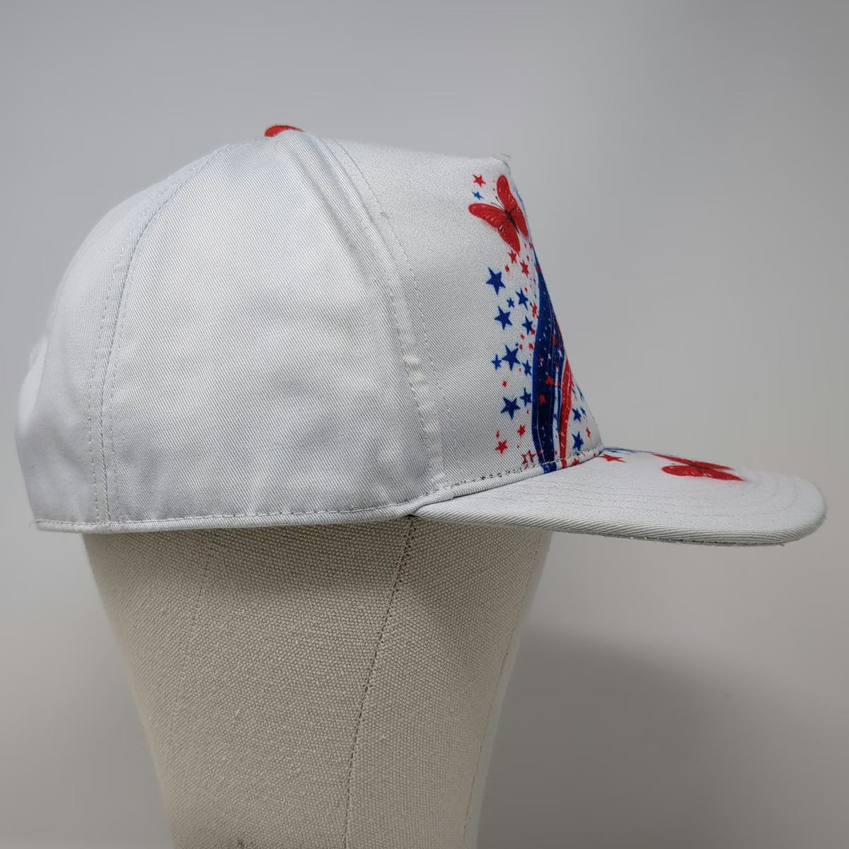5 Panel Hat White Red Blue One Size Patriotic Butterfly American Flag Snapback