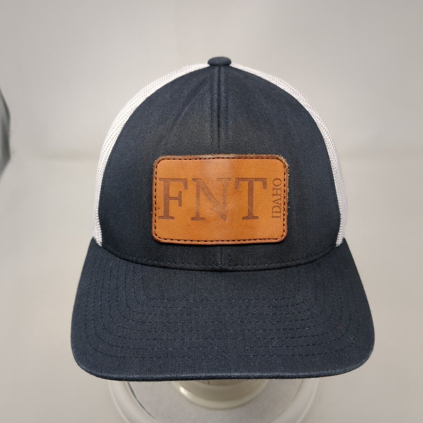 FNT Idaho Leather Patch Snapback Trucker Hat Black OSFA Mesh Back