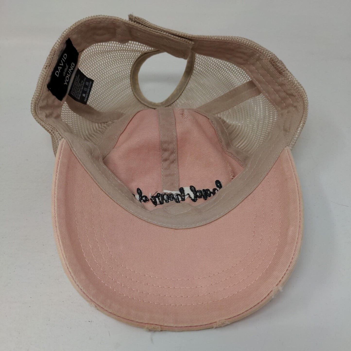 Bad Hair Day Strapback Trucker Hat Pink OSFM Ponyback Distressed David and Young