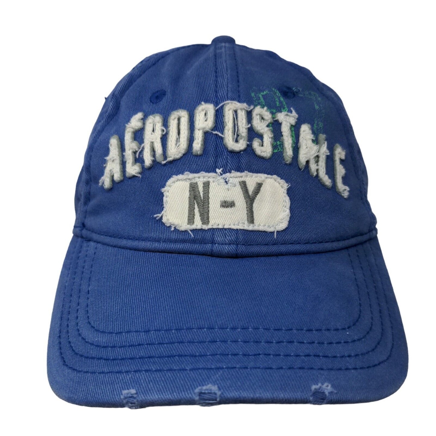 Aeropostale N-Y Fitted Hat Blue S/M Embroidered Distressed Vented Holes