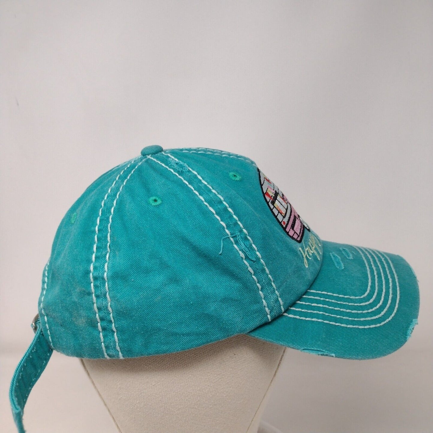 Happy Camper Slideback Hat Greenish-Blue One Size Adjustable Distressed Cotton