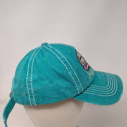 Happy Camper Slideback Hat Greenish-Blue One Size Adjustable Distressed Cotton