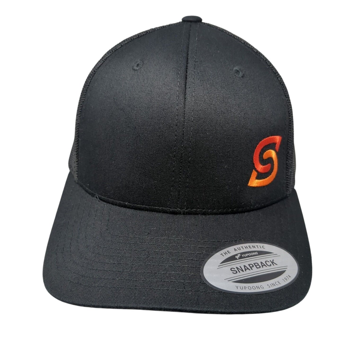 Yupoong Snapback Trucker Hat Black One Size Embroidered Logo Mesh Back
