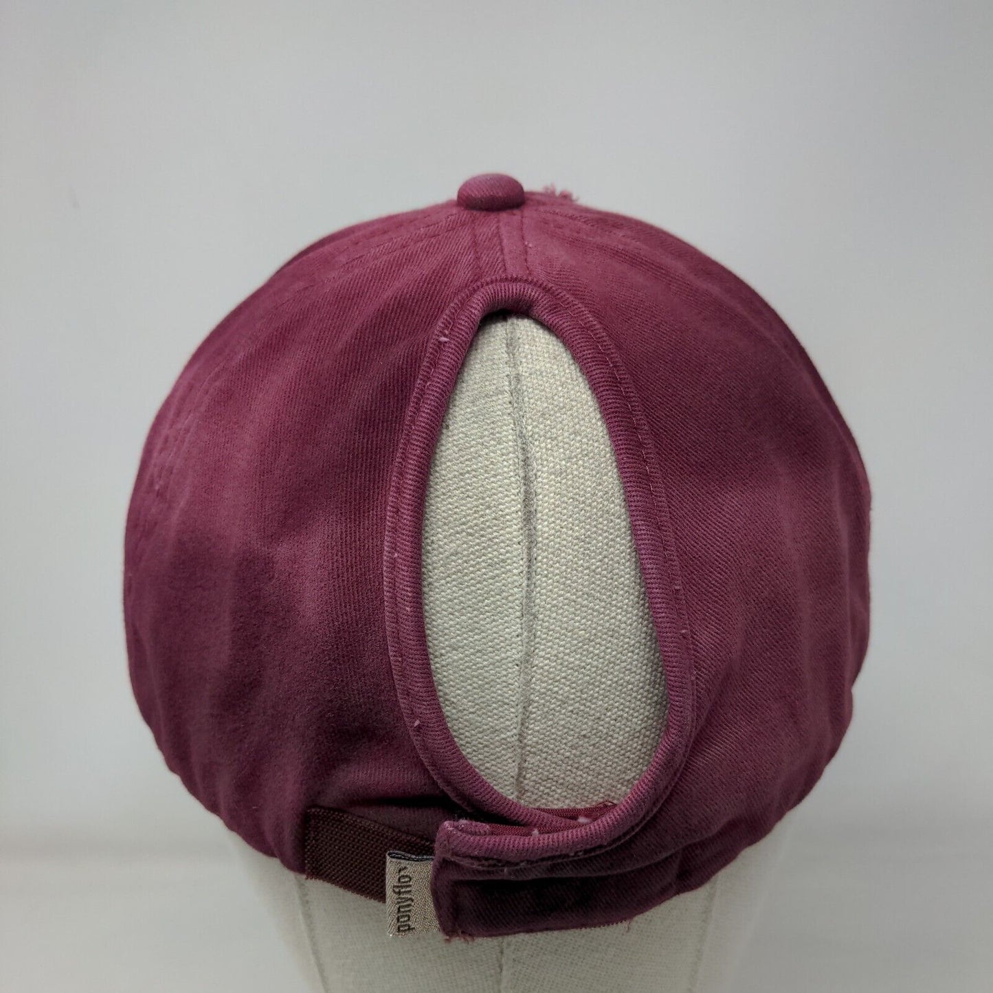 Ponyflo Strapback Hat Ponytail Red Burgundy OSFM Embroidered Distressed