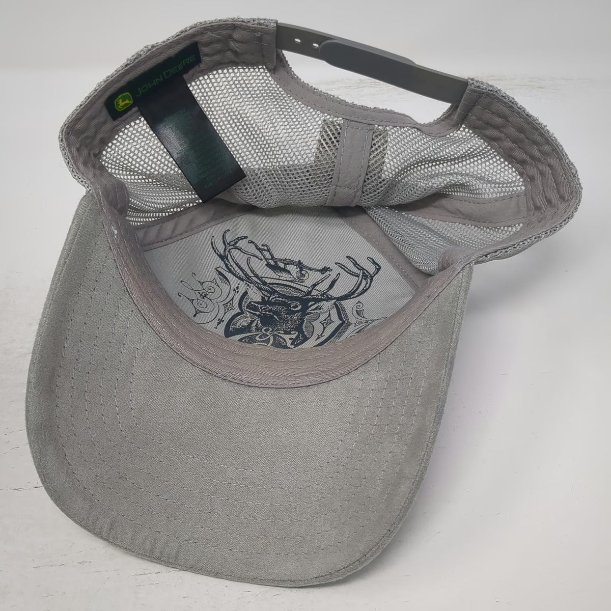 John Deere Trucker Hat Gray One Size Mesh Back Snapback Suede Brim Logo Patch