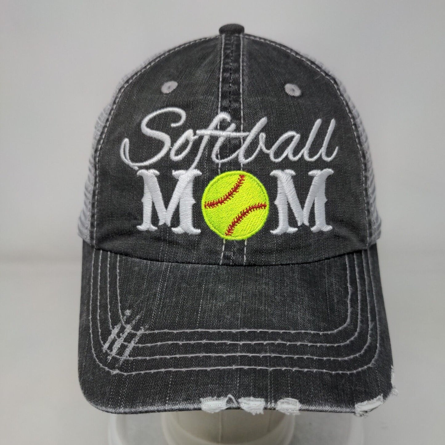 Softball Mom Strapback Trucker Hat Gray OSFA Adjustable Mesh Back Distressed