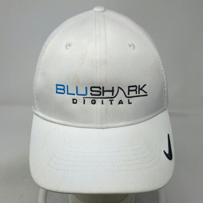 Nike Baseball Cap White L Mesh Back Stretch Fit BluShark Digital Dri-FIT Hat
