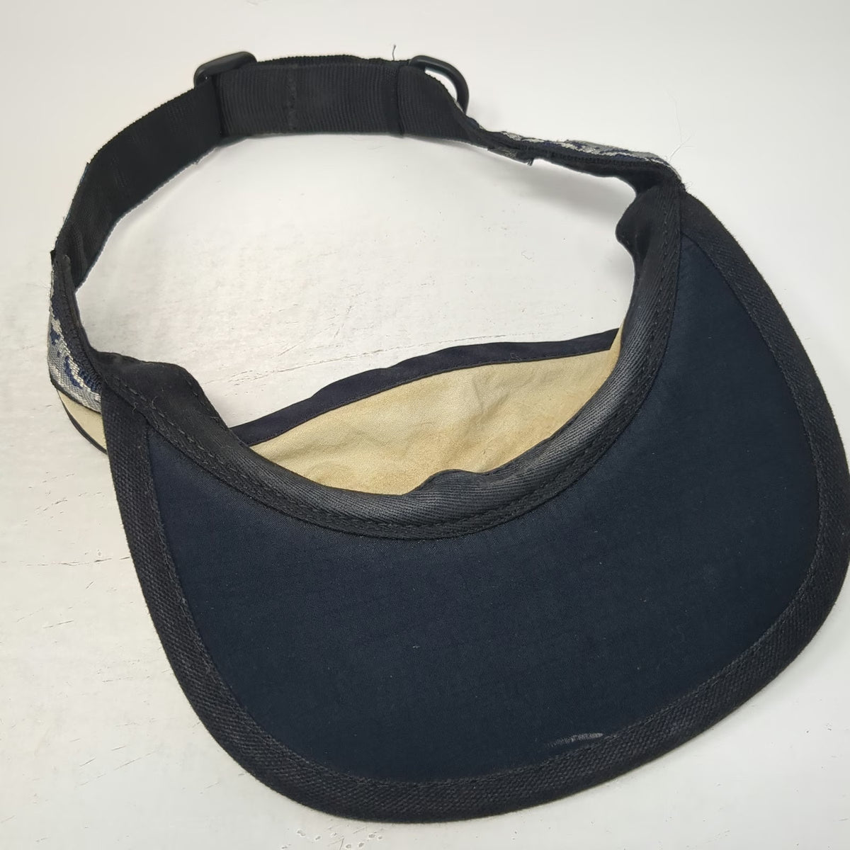 KAVU Visor Beige Blue Black Made in USA Nylon Patterned Adjustable Hat Vintage