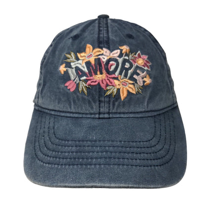 Amore Slideback Hat Blue OSFM Adjustable Embroidered Floral Vented Holes