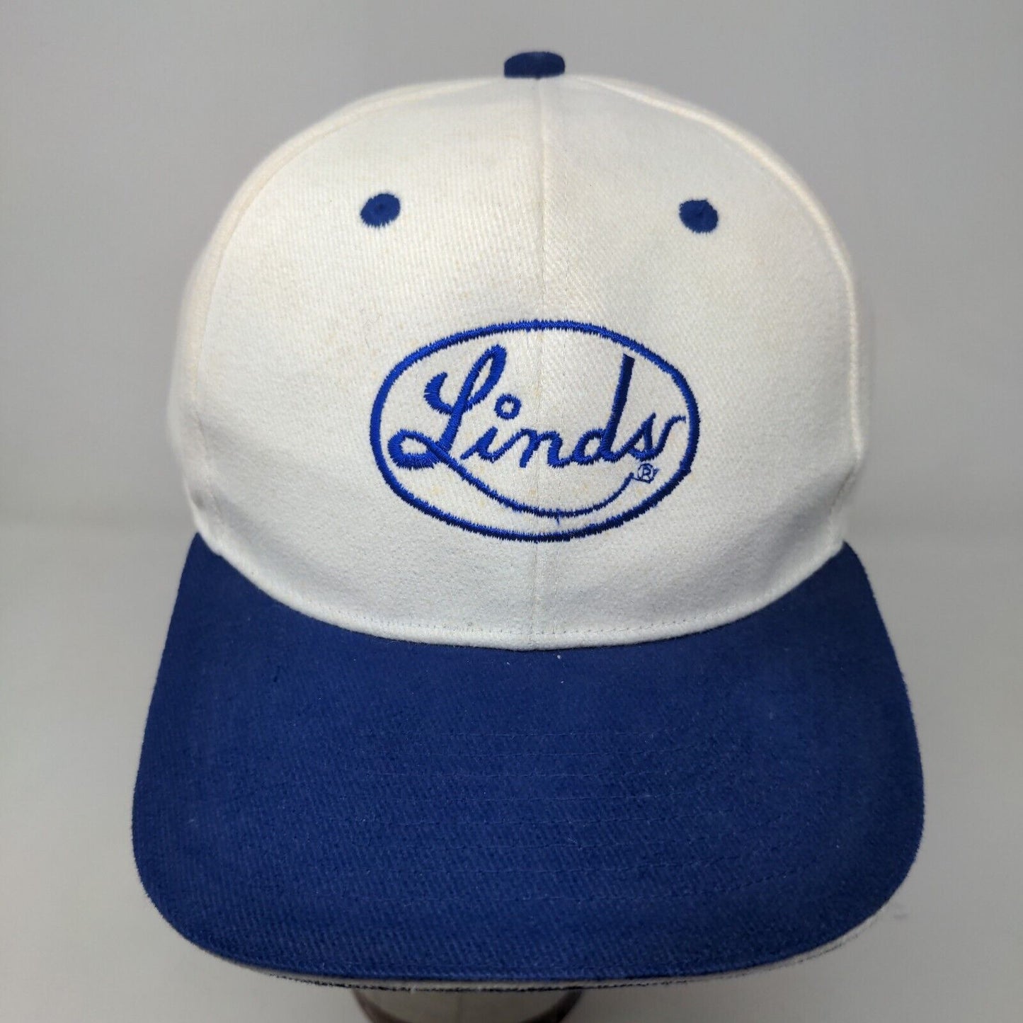 Linds Bowling Men's Strapback Hat White Blue Adjustable Embroidered Logo