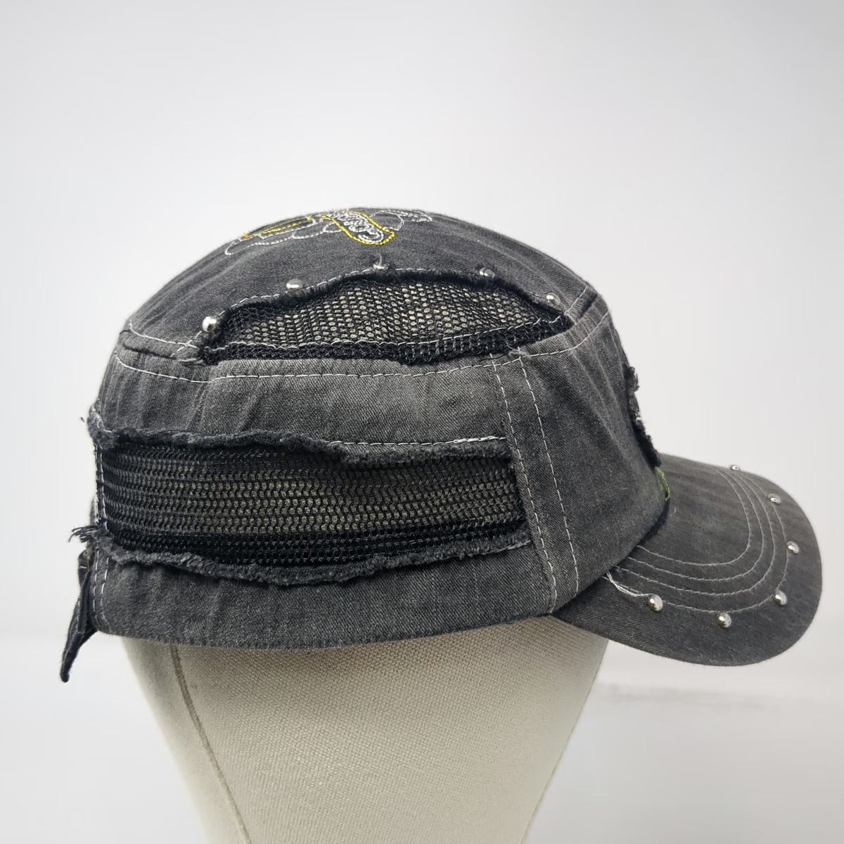 One Hand Jeans Army Cap Gray One Size Hat Mesh Distressed Rose Skull Slideback