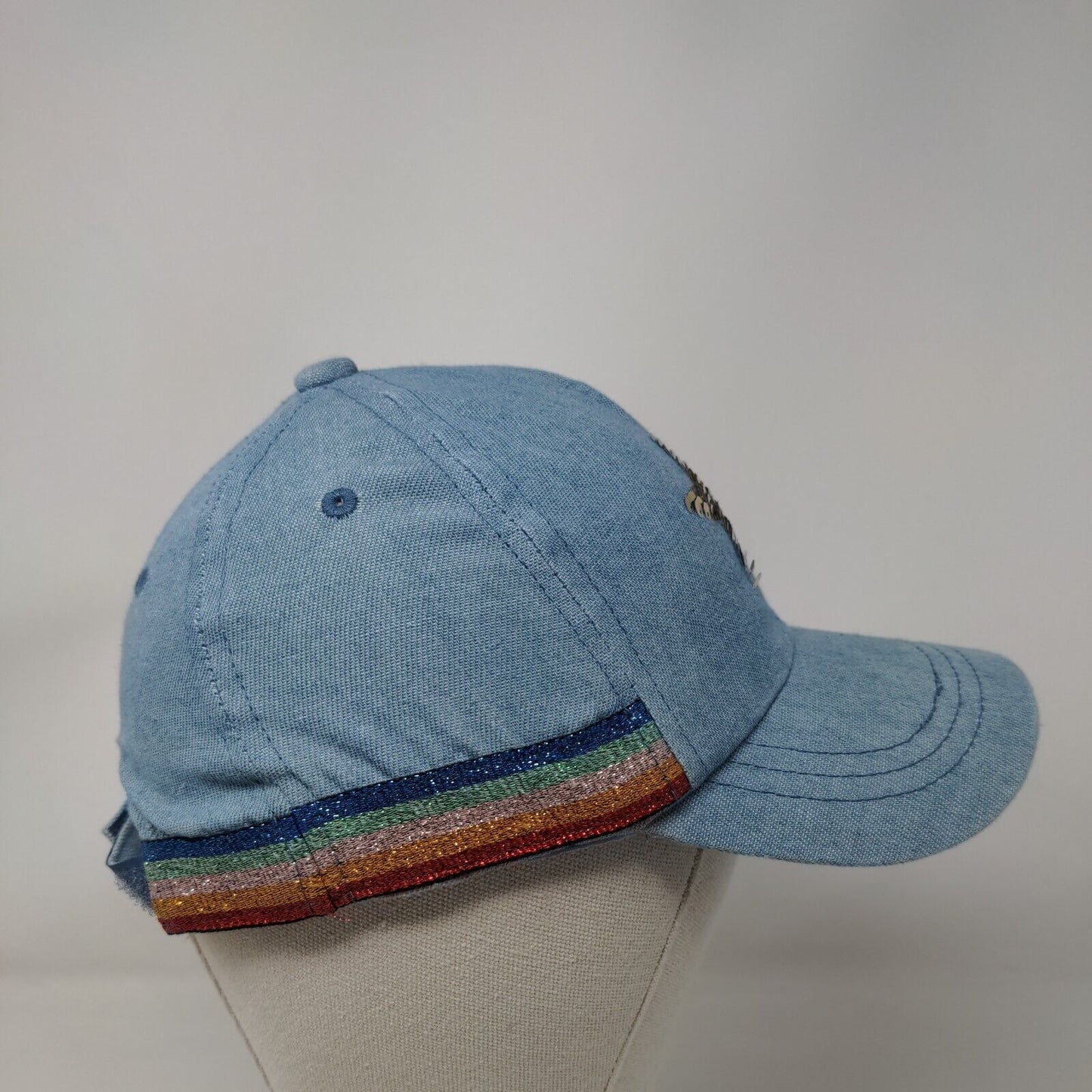 Star Sequin Strapback Hat Blue One Size Adjustable Striped Trim 5 Panel