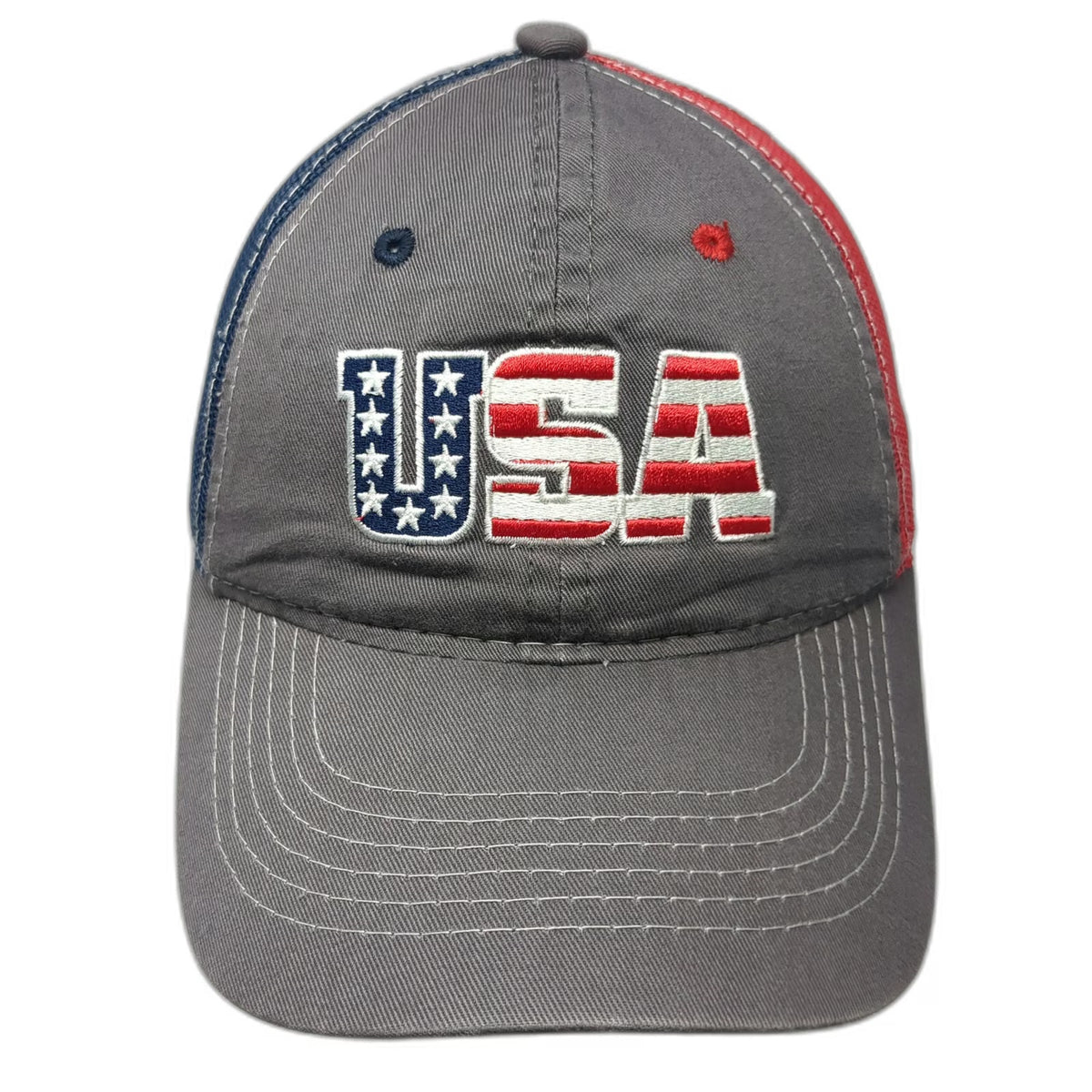 Outdoor Cap Trucker Hat Gray Red Blue One Size USA Split Mesh Back Snapback