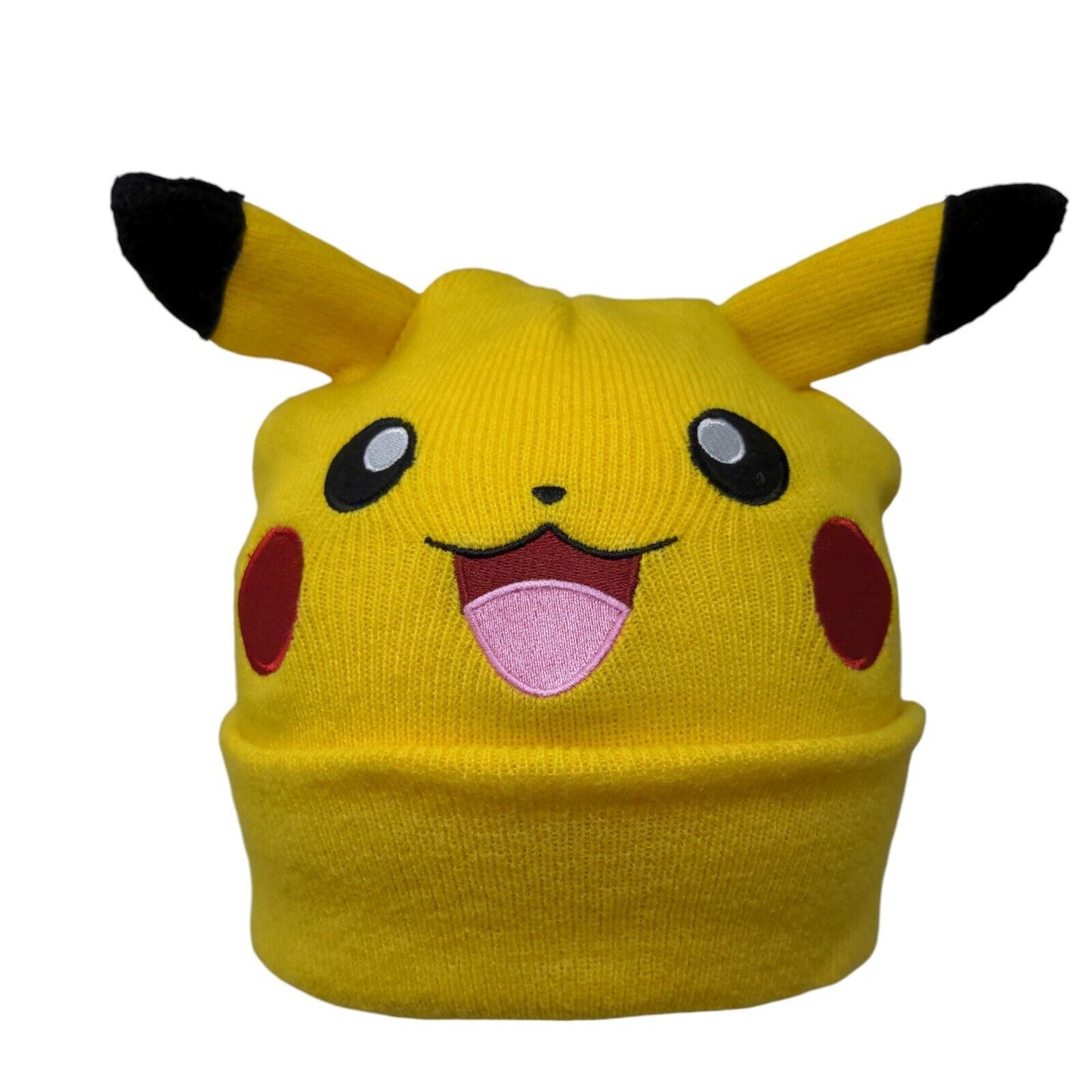Pokemon Pikachu Youth Cuffed Beanie Hat Yellow OSFM Knit Stretch Ear Embroidered