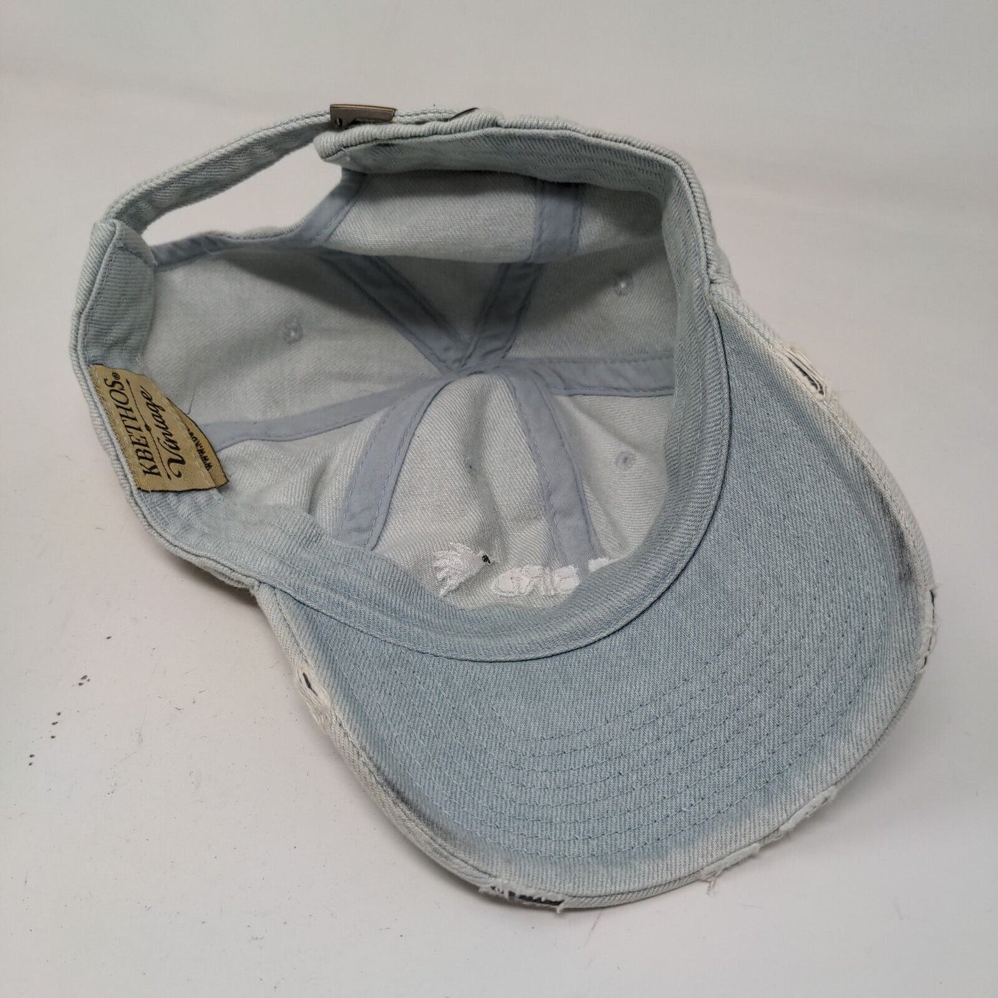 KB Ethos Men's Slideback Hat Blue Embroidered Doctor Bird Logo Distressed