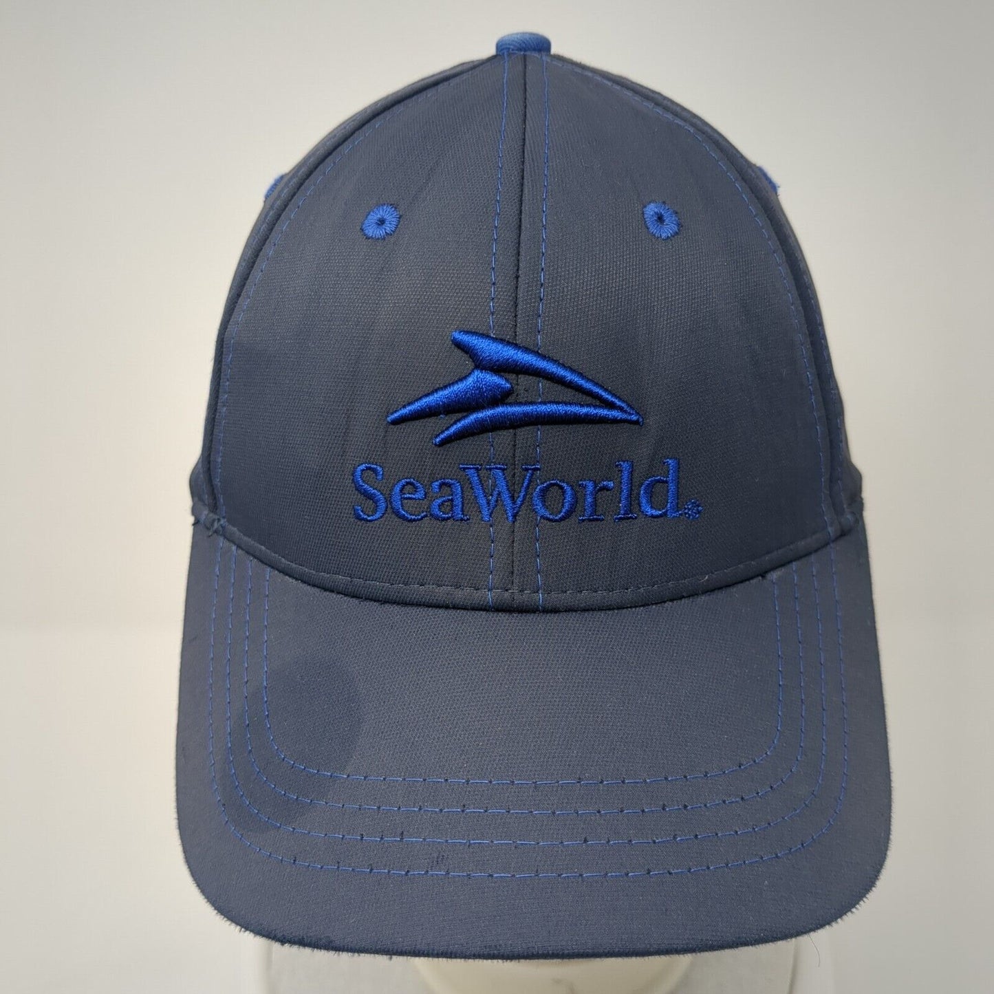 SeaWorld Strapback Hat Blue One Size Adjustable Embroidered Vented Holes 6 Panel