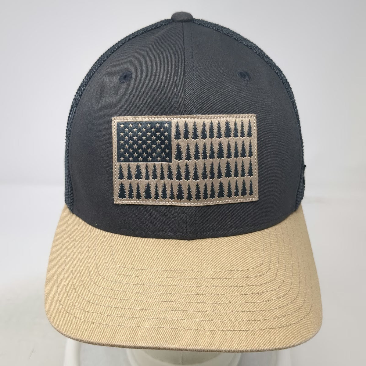 Columbia Baseball Cap Gray XL Mesh Flag Trees Pine Fitted Hat Outdoors Hiking