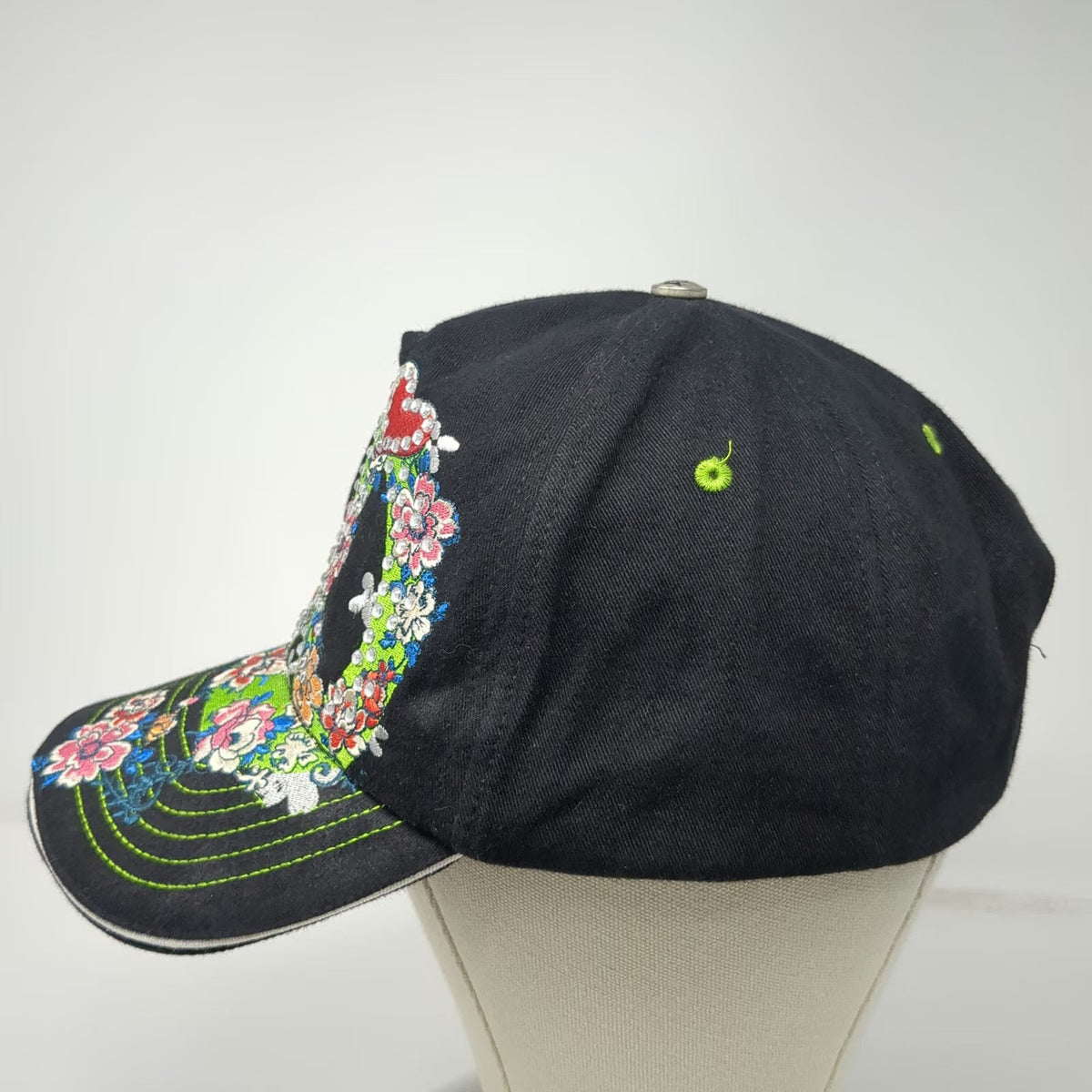 Jolly Roger 5 Panel Black Hat One Size Peace Sign Floral Embroidery Rhinestone