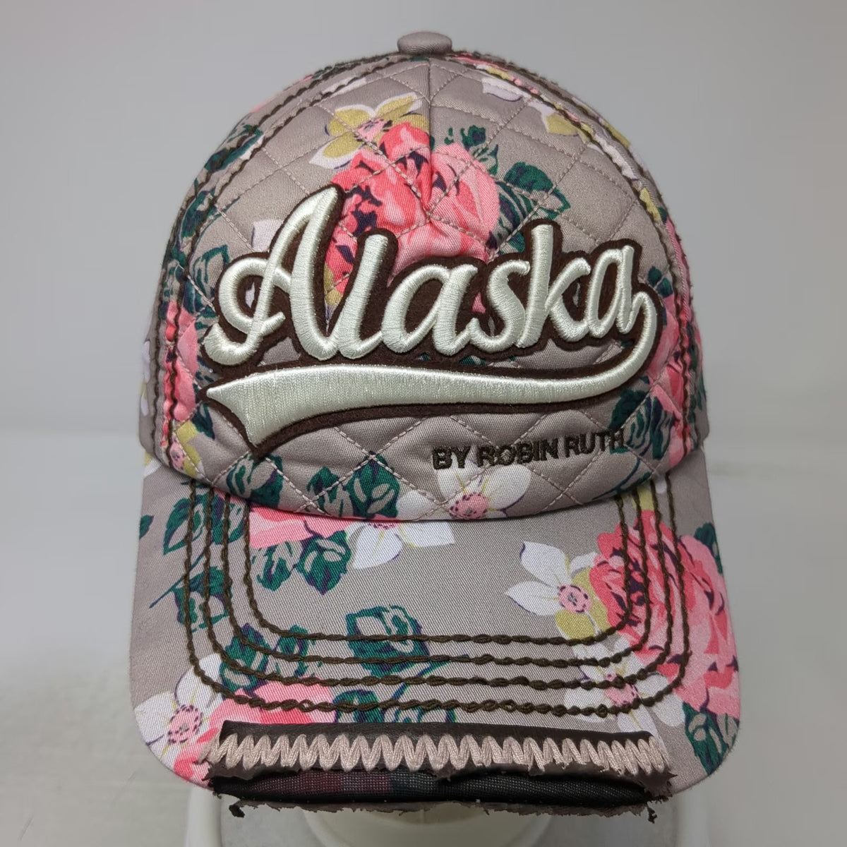 Robin Ruth 5 Panel Hat Gray Pink Floral Alaska Quilted Distressed One Size