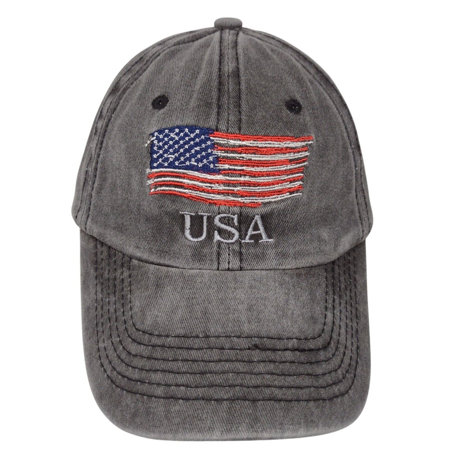 USA Flag Slideback Hat Gray OSFA Adjustable Embroidered Patriotic 6 Panel Cotton