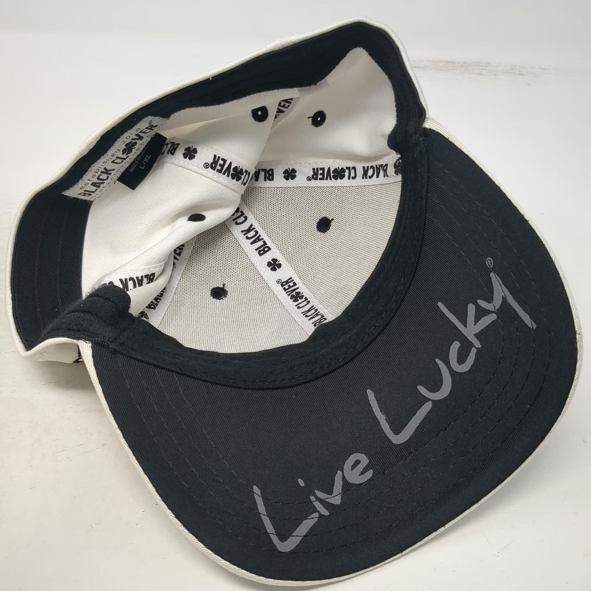 Black Clover Baseball Cap White XL Live Lucky Fitted Clover Embroidered Golf Hat