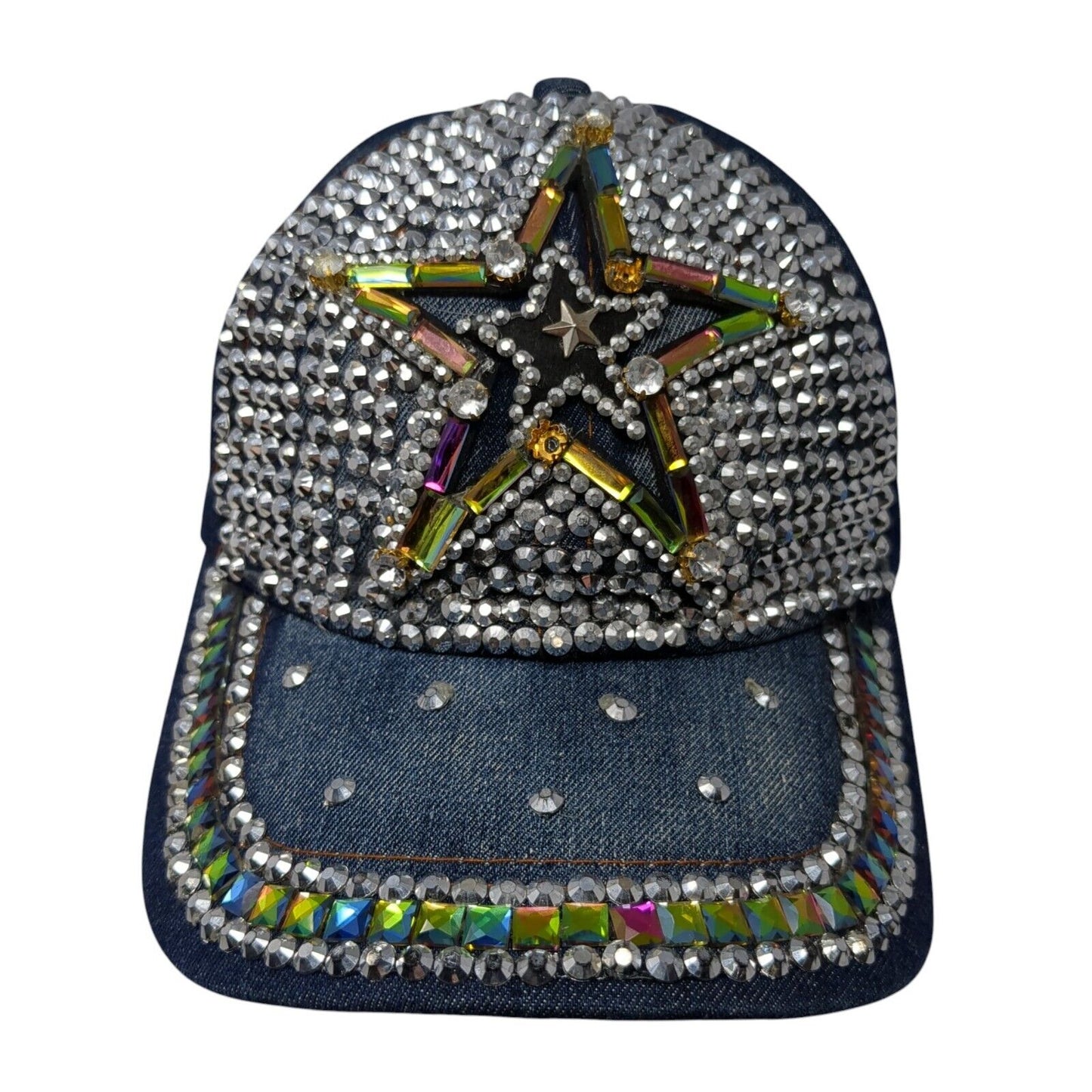Bedazzled Star Slideback Hat Blue One Size Adjustable Rhinestone Beaded Denim