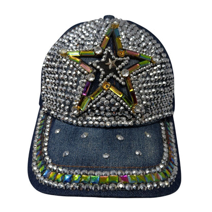 Bedazzled Star Slideback Hat Blue One Size Adjustable Rhinestone Beaded Denim