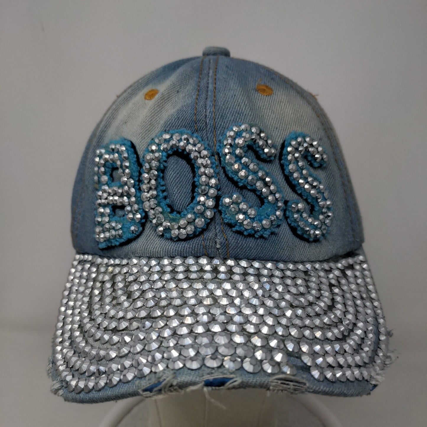 Unbranded Women's Denim Slideback Hat Blue Bling Rhinestone BOSS Accents