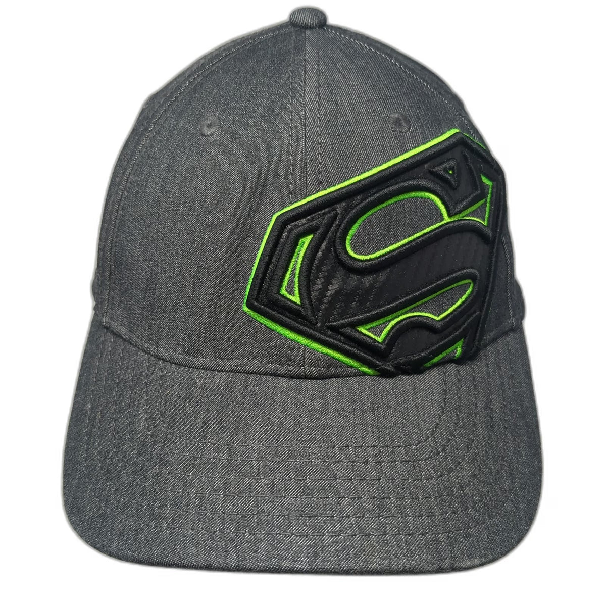 Bioworld Superman Hat Gray Baseball Cap OSFM Fitted Neon Green 3D Shield Logo