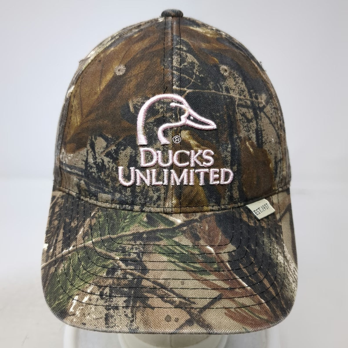 Ducks Unlimited Baseball Cap Brown Camo Pink Logo One Size Slideback Hunting Hat