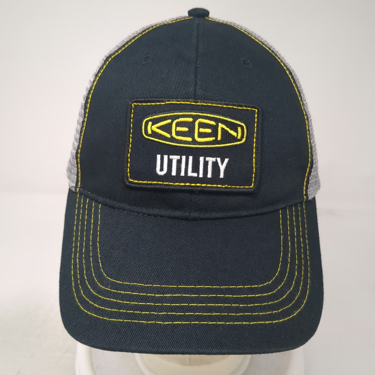Keen Utility Trucker Hat Black One Size Gray Mesh Back Yellow Stitching Patch