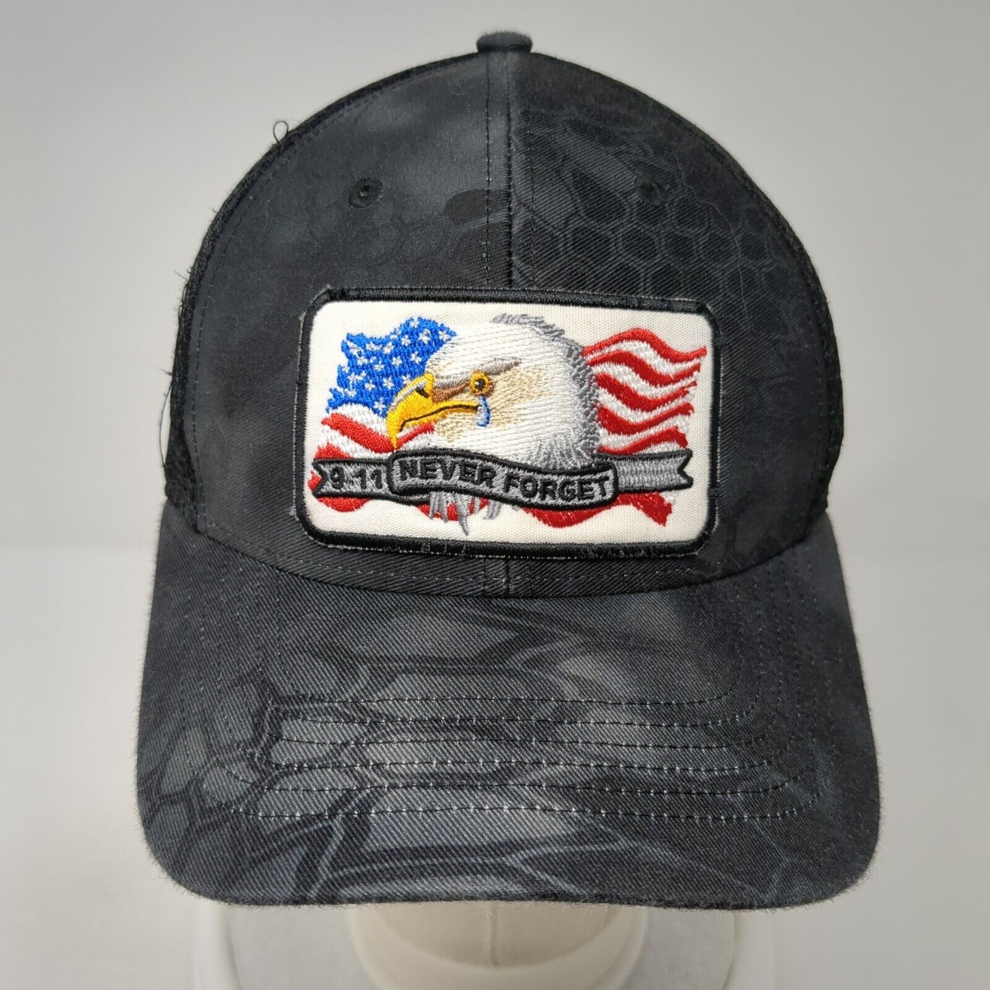 911 Never Forget Fitted Mesh Back Hat Camo S/M American Flag Eagle