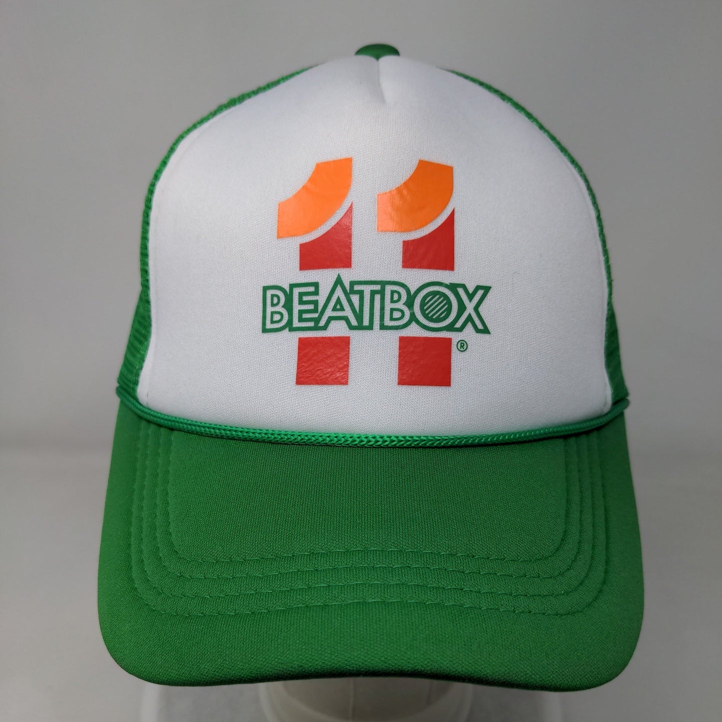 7-11 Beatbox Snapback Mesh Back Trucker Hat Green White Polyester Logo