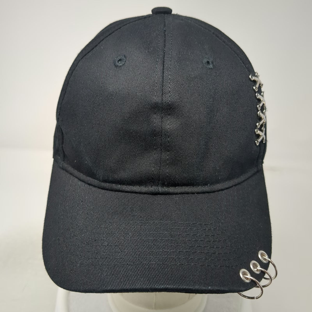Baseball Cap Black One Size Hat Metal Rings Silver Cross Stitch Punk Goth Alt