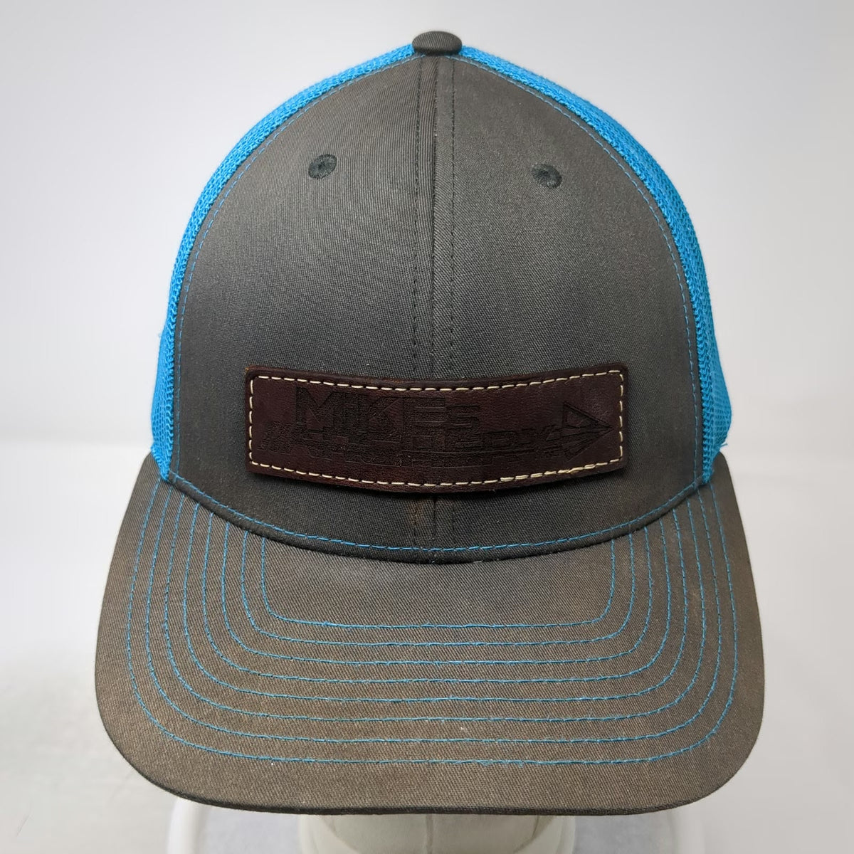 Richardson Trucker Hat Gray Blue One Size Mike's Archery Leather Patch Mesh