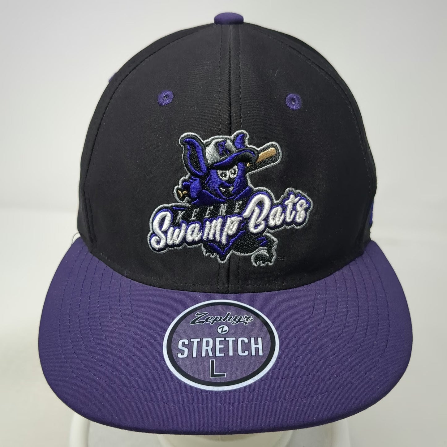 Zephyr Baseball Cap Black Purple L Keene Swamp Bats NECBL Stretch Fit Mascot Hat